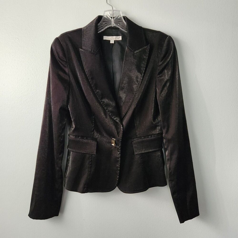 Cache Luxe Jacket Womens 2 Black Sateen Jeweled Button Designer Career Jacket